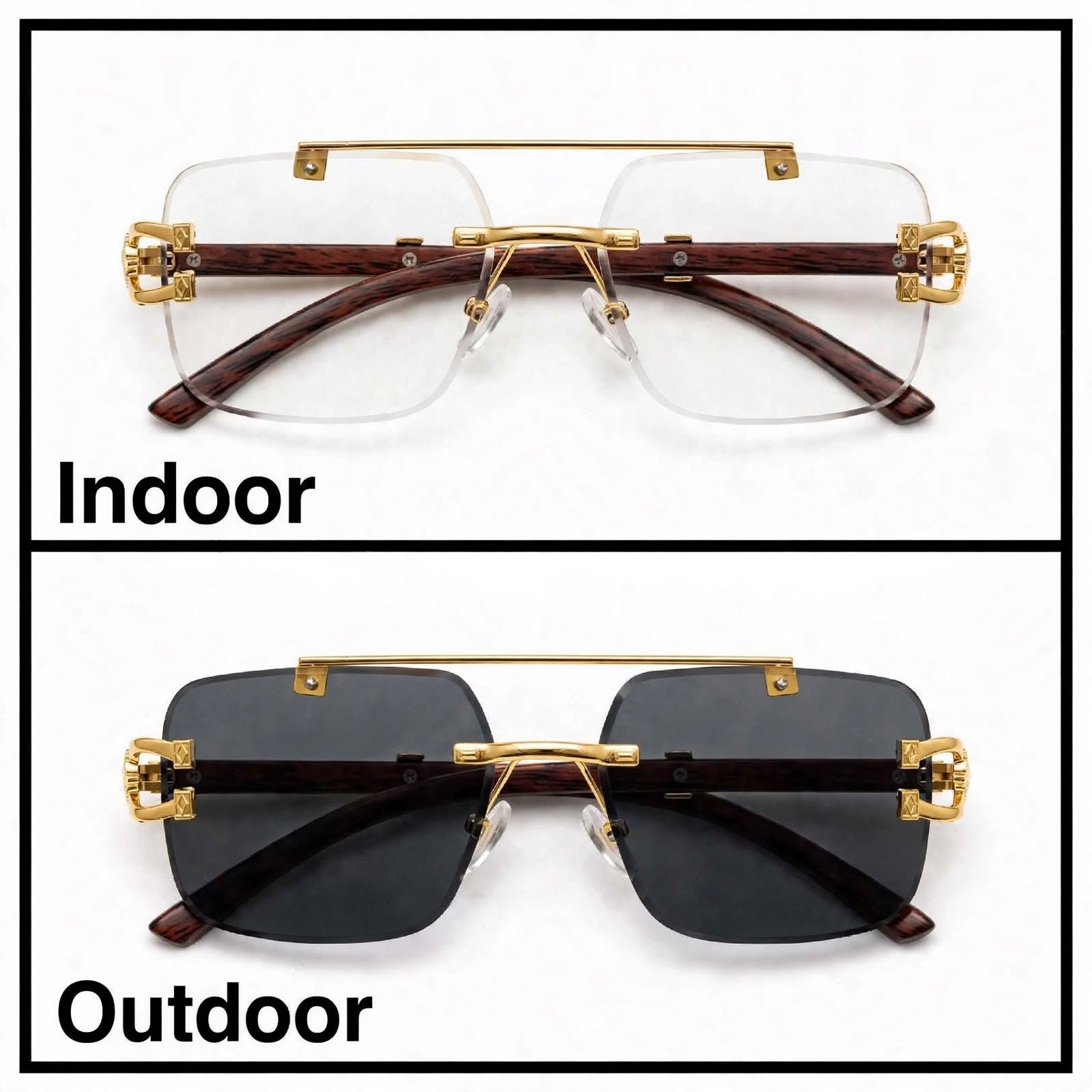 Solar Cheetah Gold/Brown rimless square optical frame for men