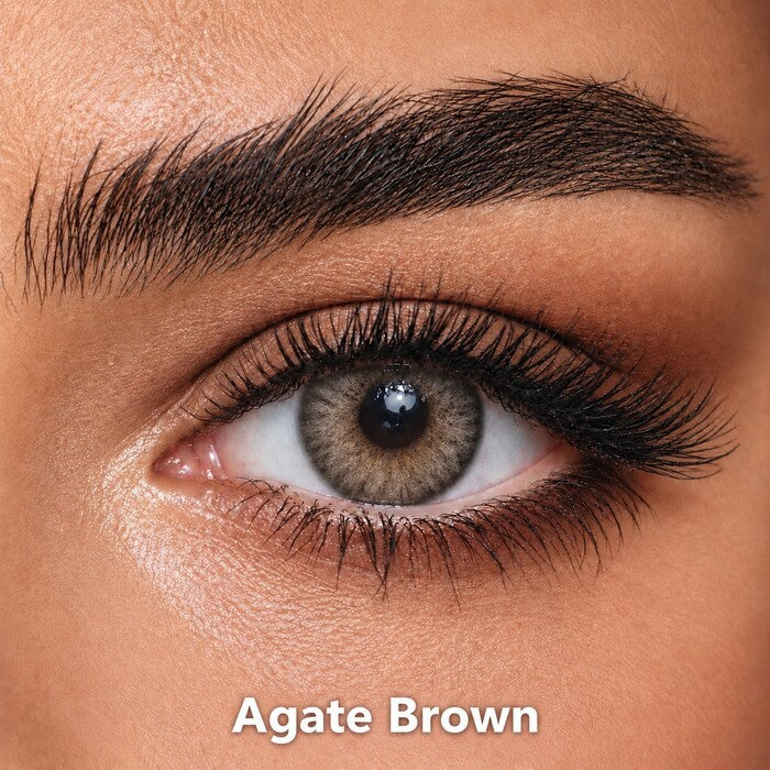 Bella Diamond Collection Agate Brown coloured contact lens worn on a brown eye