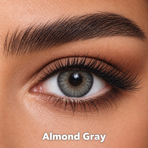 Bella Diamond Collection Almond Gray coloured contact lens worn on a brown eye