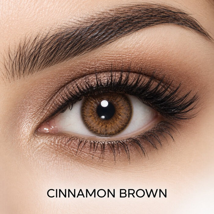 Bella Elite Collection Cinnamon Brown coloured contact lens worn on a brown eye