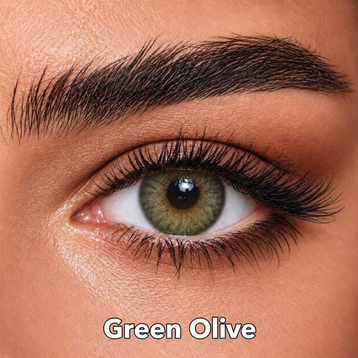 Bella Elite Collection Green Olive coloured contact lens worn on a brown eye