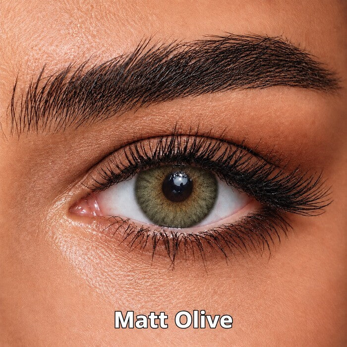 Bella Elite Collection Matt Olive coloured contact lens worn on a brown eye