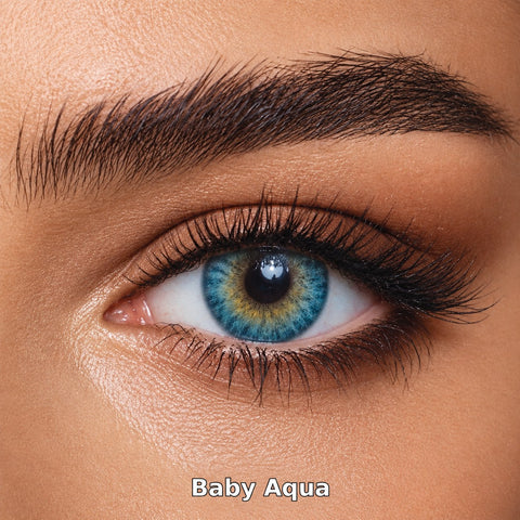 FreshKon Colors Fusion Baby Aqua coloured contact lens worn on a brown eye