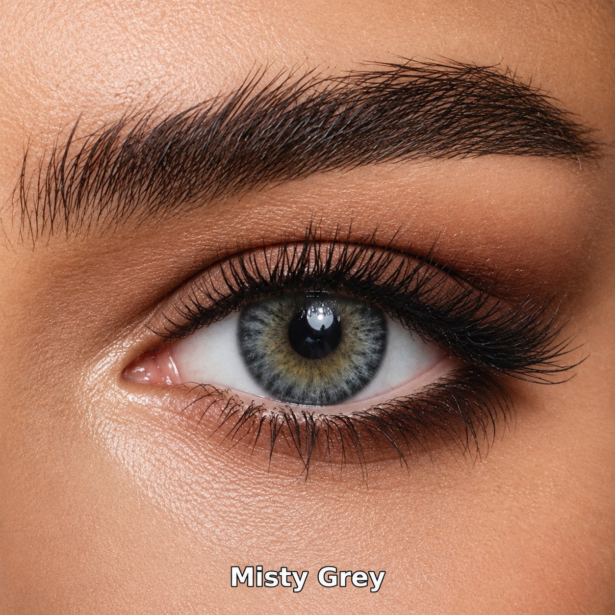 FreshKon Colors Fusion Misty Grey coloured contact lens worn on a brown eye