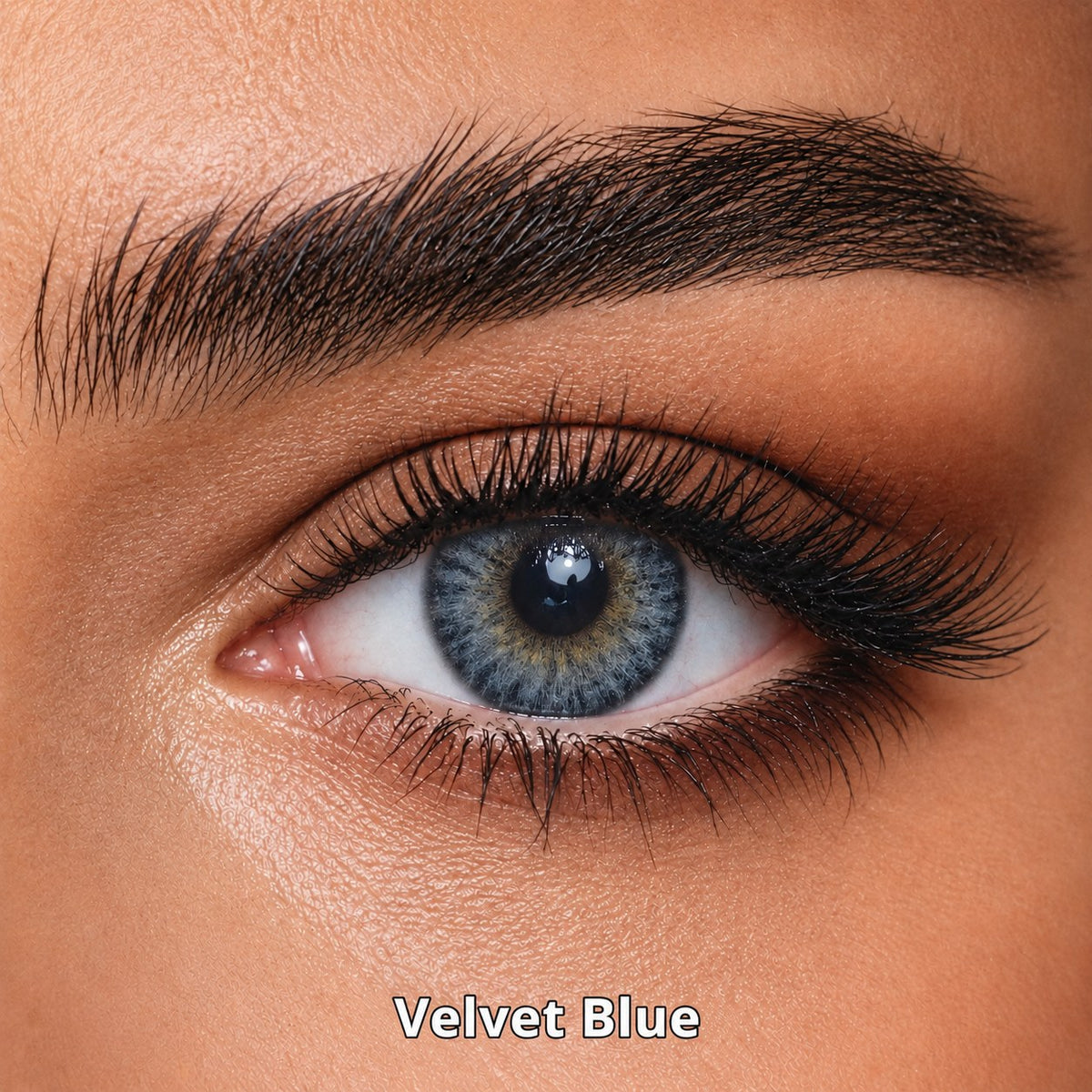 FreshKon Mosaic Velvet Blue coloured contact lens worn on a brown eye
