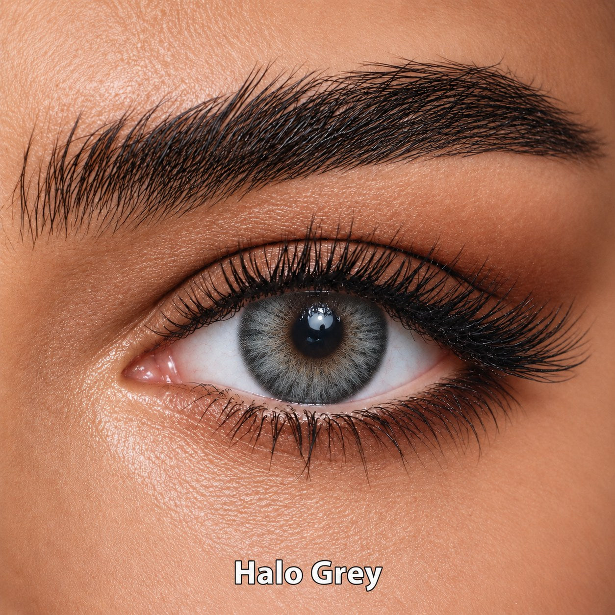 FreshKon Naho Halo Grey coloured contact lens worn on a brown eye