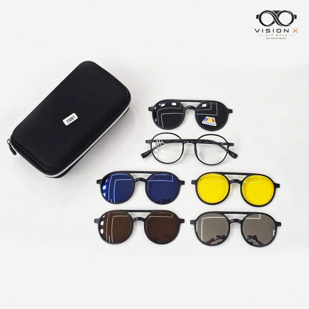 Vision X Round Magnetic Clip-On Set — black optical frame with five magnetic clip-on sunglass lenses and case