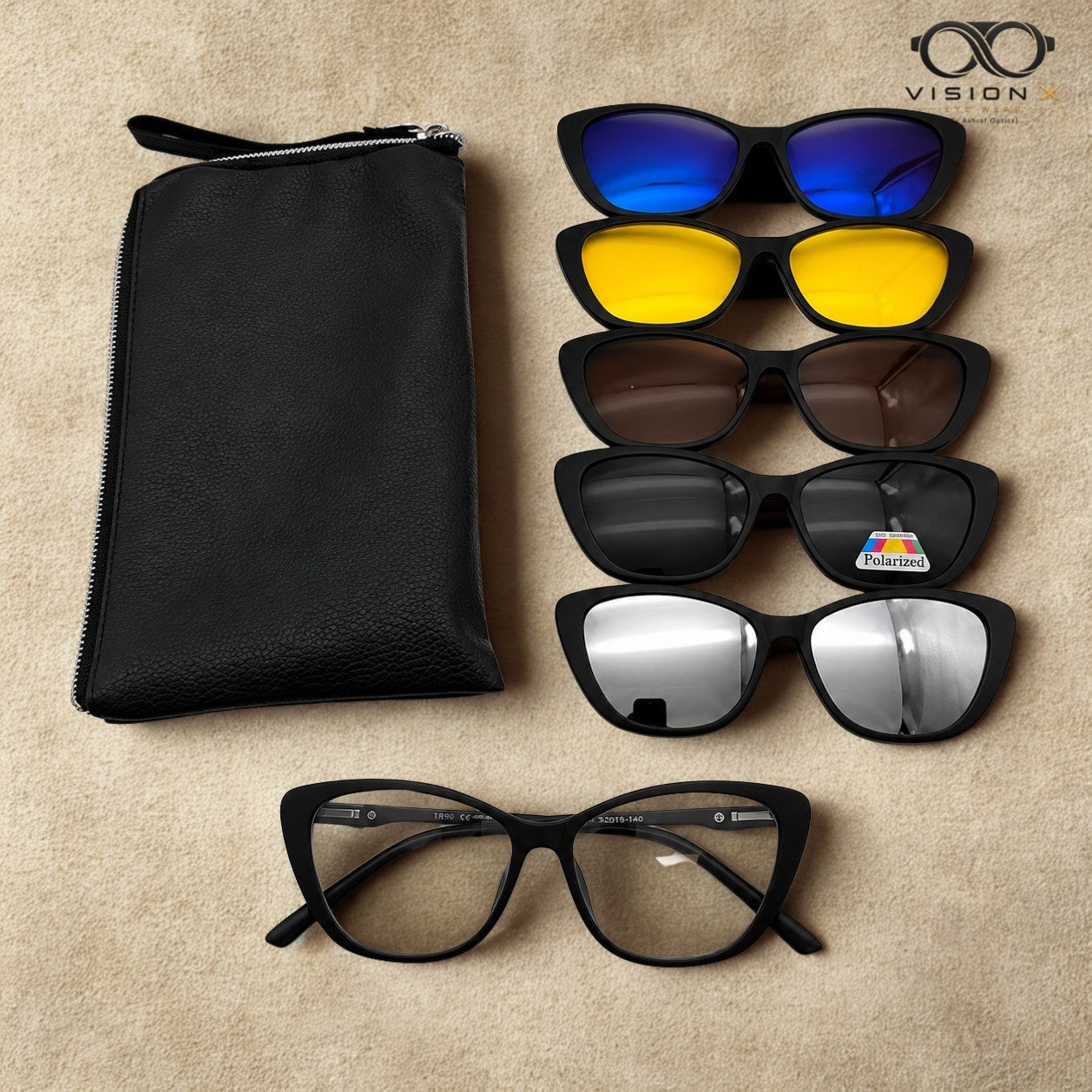Vision X Cat-Eye Magnetic Clip-On Set — black optical frame with five magnetic clip-on sunglass lenses and case