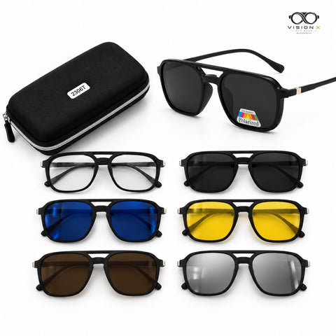 Vision X Square Navigator Magnetic Clip-On Set — black optical frame with five magnetic clip-on sunglass lenses and case